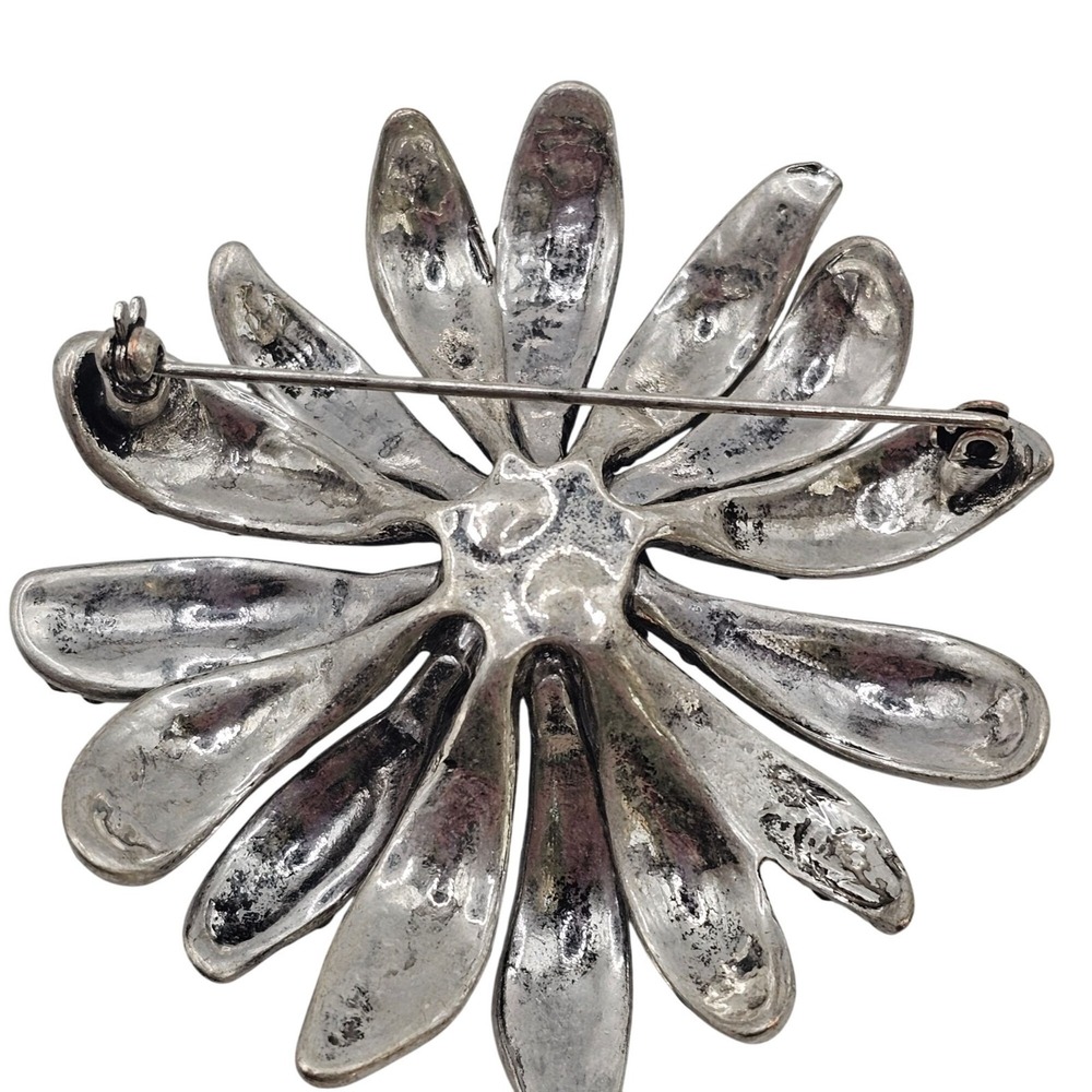 Floral‎ Rhinestone Brooch Pin Dark Silver Tone Daisy Statement 2.75" Sparkle - Picture 2 of 13